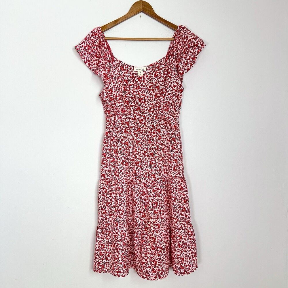 Monteau Cottagecore Romantic Red Floral Tiered Midi Dress Women’s M NWOT